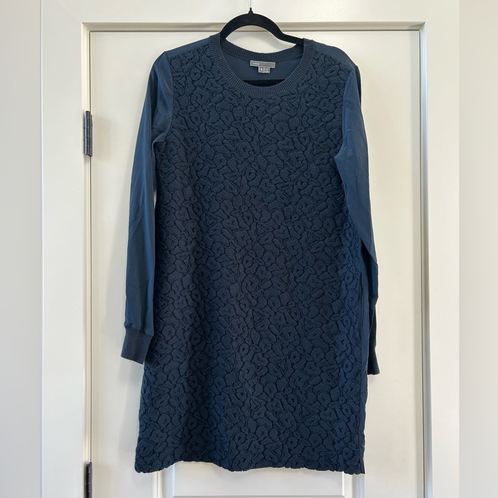 Vince Navy Textured Lace Front Long Sleeve Silk and Cashmere Blend Mini Dress